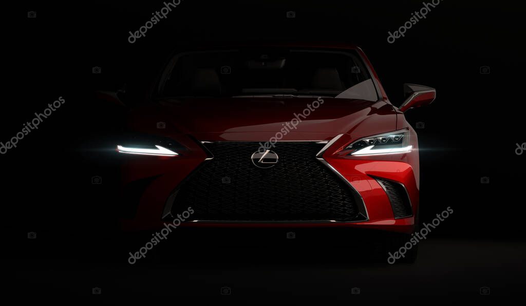 Almaty, Kazakhstan - February 26, 2019: The 2019 Lexus ES 350 F SPORT on black background. Luxury sedan in dark studio light. 3d render