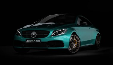 Almaty, Kazakistan - 05 Mart 2020: Siyah arka planda MerCEDES C63S AMG Lüks Spor Coupe. 3d hazırlayıcı