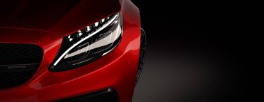 Almaty, Kazakistan - 05 Mart 2020: Siyah arka planda MerCEDES C63S AMG Lüks Spor Coupe. 3d hazırlayıcı
