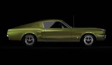 Almaty, Kazakistan - 15 Mart 2020: Ford Mustang 1967 siyah arka planda eski spor araba coupe. 3d hazırlayıcı