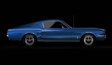 Almaty, Kazakistan - 15 Mart 2020: Ford Mustang 1967 siyah arka planda eski spor araba coupe. 3d hazırlayıcı