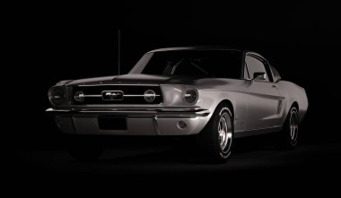 Almaty, Kazakistan - 15 Mart 2020: Ford Mustang 1967 siyah arka planda eski spor araba coupe. 3d hazırlayıcı