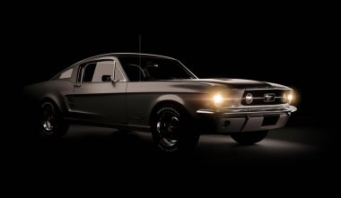 Almaty, Kazakistan - 15 Mart 2020: Ford Mustang 1967 siyah arka planda eski spor araba coupe. 3d hazırlayıcı