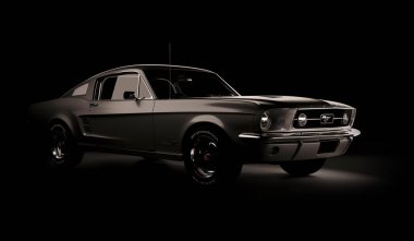 Almaty, Kazakistan - 15 Mart 2020: Ford Mustang 1967 siyah arka planda eski spor araba coupe. 3d hazırlayıcı