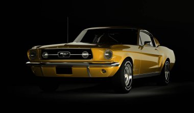 Almaty, Kazakistan - 15 Mart 2020: Ford Mustang 1967 siyah arka planda eski spor araba coupe. 3d hazırlayıcı
