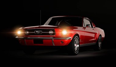 Almaty, Kazakhstan - March 15, 2020: Ford mustang 1967 retro sports car coupe on black background. 3d render clipart