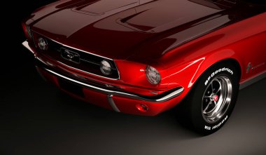 Almaty, Kazakistan - 15 Mart 2020: Ford Mustang 1967 siyah arka planda eski spor araba coupe. 3d hazırlayıcı