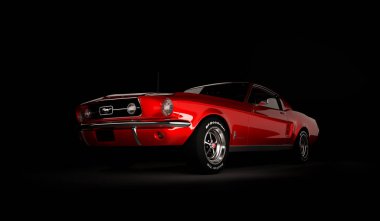 Almaty, Kazakistan - 15 Mart 2020: Ford Mustang 1967 siyah arka planda eski spor araba coupe. 3d hazırlayıcı