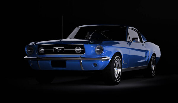 Almaty, Kazakhstan - March 15, 2020: Ford mustang 1967 retro sports car coupe on black background. 3d render
