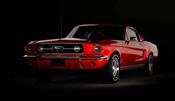 Almaty, Kazakistan - 15 Mart 2020: Ford Mustang 1967 siyah arka planda eski spor araba coupe. 3d hazırlayıcı