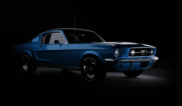 Almaty, Kazakistan - 15 Mart 2020: Ford Mustang 1967 siyah arka planda eski spor araba coupe. 3d hazırlayıcı