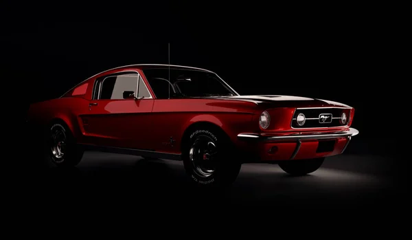 Almaty, Kazakistan - 15 Mart 2020: Ford Mustang 1967 siyah arka planda eski spor araba coupe. 3d hazırlayıcı