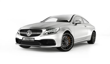 Almaty, Kazakistan - 25 Mart 2020: MerCEDES C63S AMG Lüks Spor Coupe beyaz arka planda izole edildi. 3d hazırlayıcı