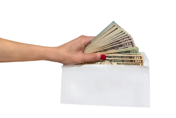 Envelope with dollars in a woman hand — Stock Photo, Image