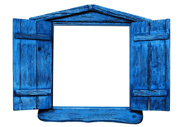Mavi ahşap pencere beyaz üzerinde izole — Stok fotoğraf
