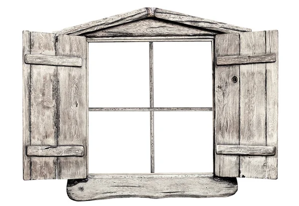 Vieux cadre de fenêtre en bois clair grunge, isolé sur blanc — Photo