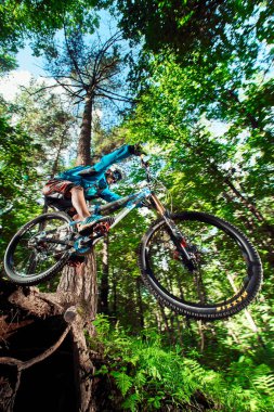 Moskova, Rusya - 25 Ağustos 2017: Atlama ve dağ bisikleti üzerinde uçmak. Binici dağ Bisiklet spor eylem. Ormanda sürme motorcu. Serin atlet bisikletçi bir bisiklet. Mtb bisikleti.