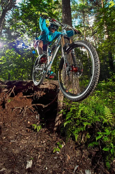 Springen und Fliegen mit dem Mountainbike im Wald — Stockfoto
