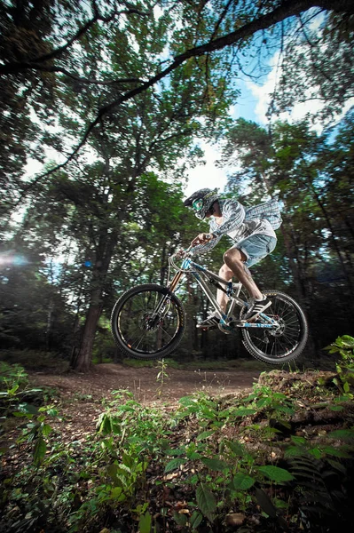 Moskva, Ryssland - 21 augusti 2017: Hoppa och flyga på en mountainbike. Ryttare i aktion på mountain bike sport. Biker ridning i skogen. Koola atlet cyklist på en cykel. MTB Cykling. — Stockfoto