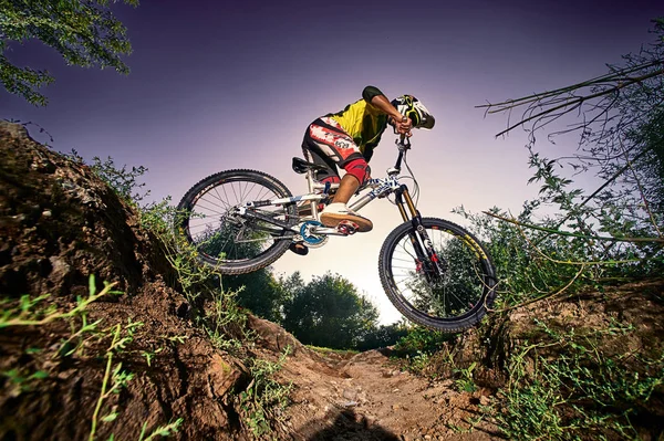 Ciclista de mountain bike fazendo acrobacias em uma bicicleta mtb — Fotografia de Stock