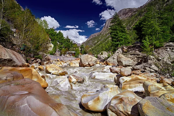 Rzeka Rocky valley i zielony las — Zdjęcie stockowe