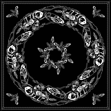 Mandala kontur tüyler ve etnik dekoratif elemanları.