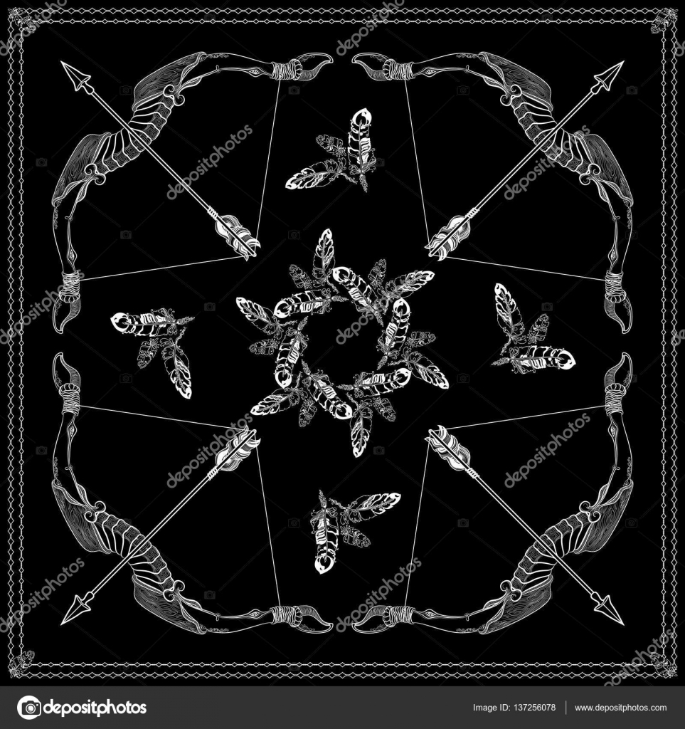 Black and white bandana square design of feathers, bows, arrows Stock