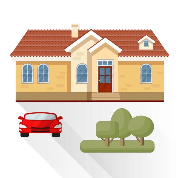 Vector illustration of living house, car and trees. — Stock Vector
