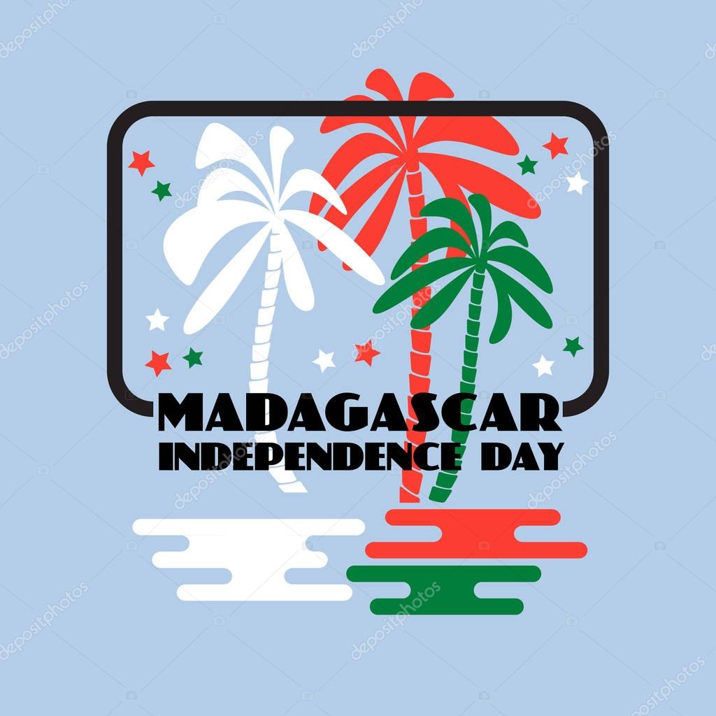 Madagascar independence Day greeting card. Vector illustration of white, red, green palm trees and stars  on light blue.  Icon. Emblem.
