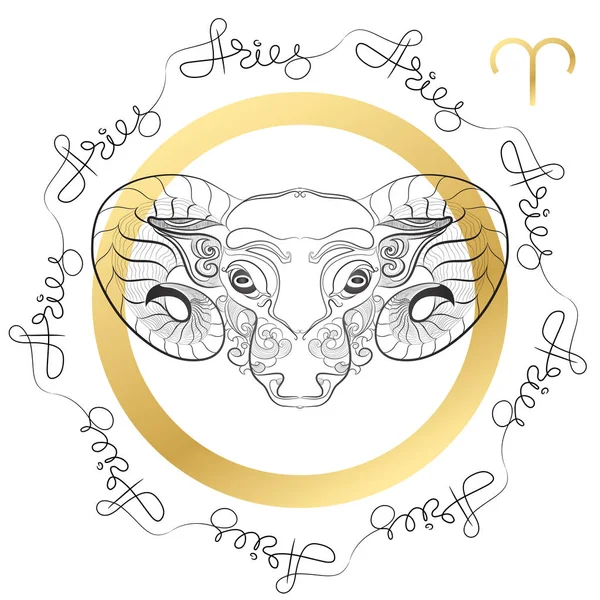 Signe du zodiaque Bélier. Horosope carte en style zentangle avec des mots . — Image vectorielle