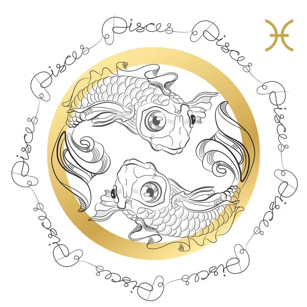Sterrenbeeld Vissen met woorden. Horoscoop kaart in zentangle styl — Stockvector