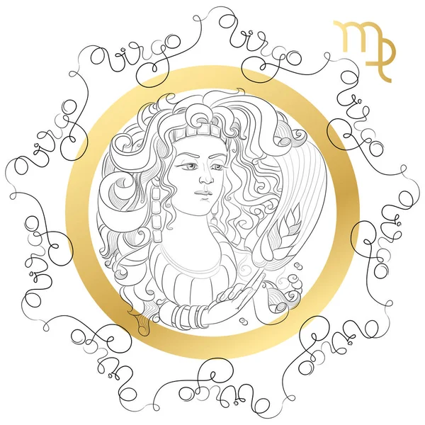 Znak zodiaku Panna. Horoskop karta w stylu zentangle słowami — Wektor stockowy