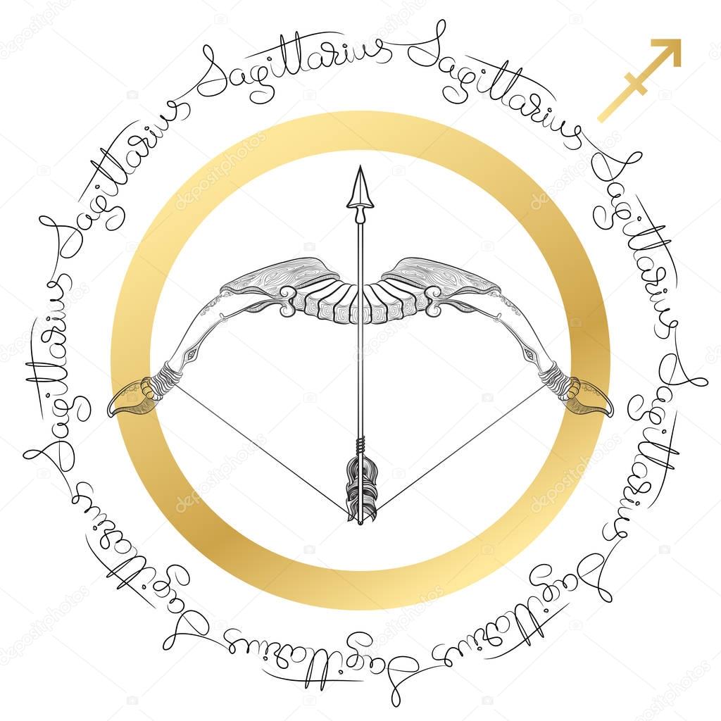 Zodiac sign Sagittarius. Horoscope card in zentangle style.