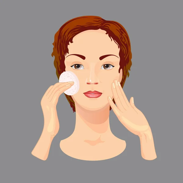 Mladá žena čistí její tvář s kosmetický krém. — Stockový vektor