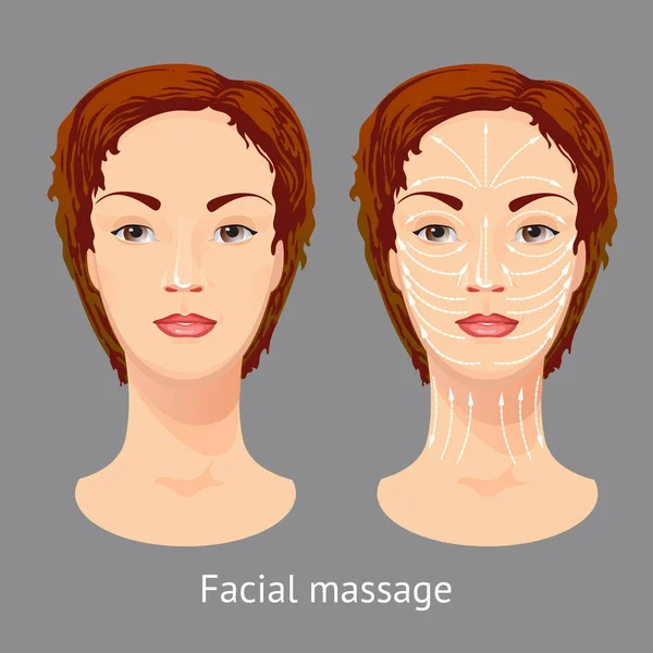 Retrato de uma jovem mulher com linhas de massagem facial — Vetor de Stock