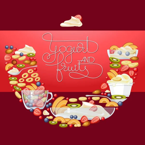 Bannière ronde de yaourt vectoriel, fruits et baies . — Image vectorielle