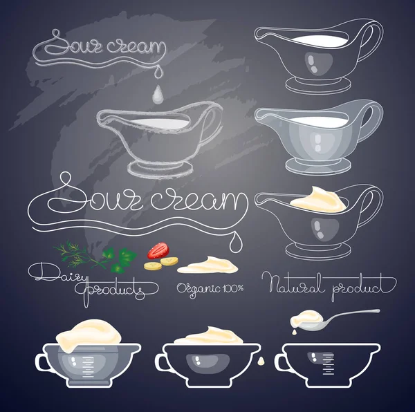 Sour cream, handwritten words, spoons, jug and glass bowl. — Stock Vector