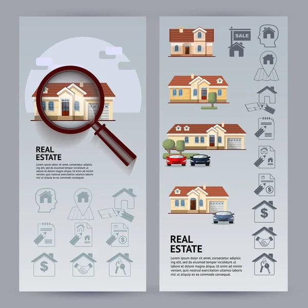Real Estate flyers with houses, icons, magnifier. — Stock Vector