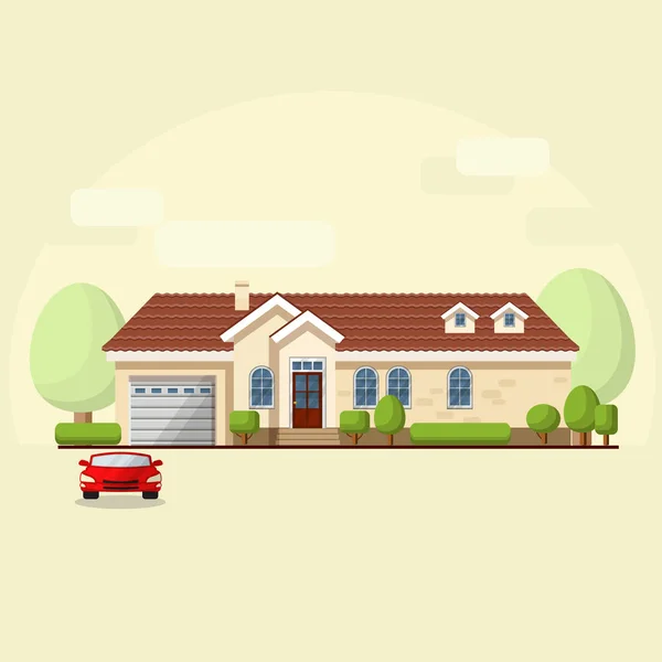 Vector illustration of house facade, car and trees. — Stock Vector