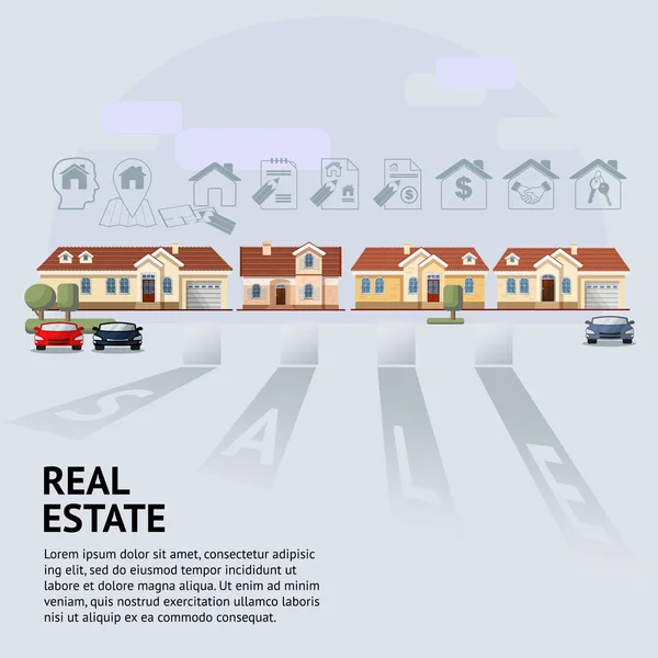 Vector illustration of house facade, car and real estate icons. — Stock Vector