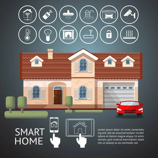 Infografis rumah cerdas dengan rumah fasad dan ikon . - Stok Vektor