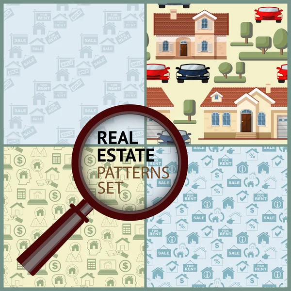 Set Real Estate seamless patterns with houses, icons. — Stock Vector