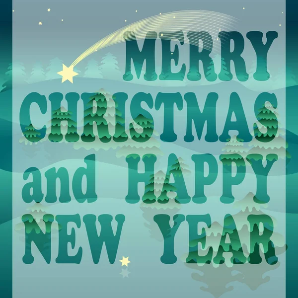 Boldog karácsonyt üdvözlőlap csillagok és a fák. — Stock Vector