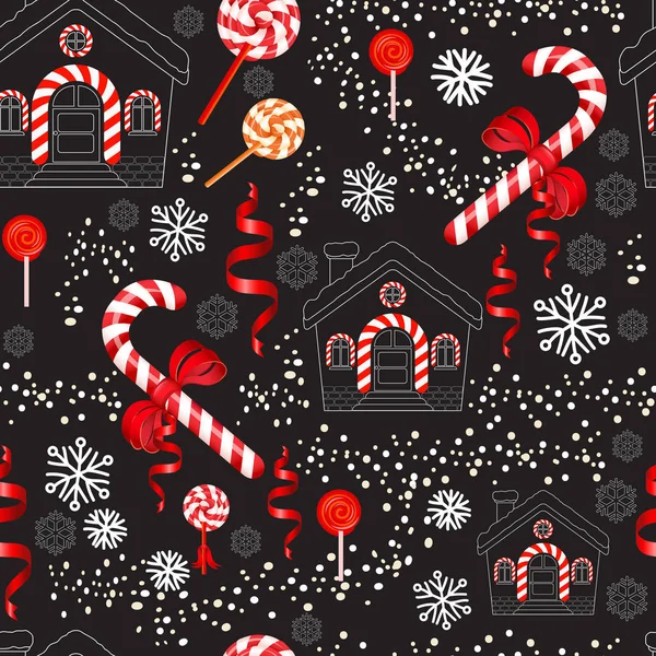 Vánoční cukrové třtiny s červenou mašlí, lízátko, house a sněhová vločka — Stockový vektor