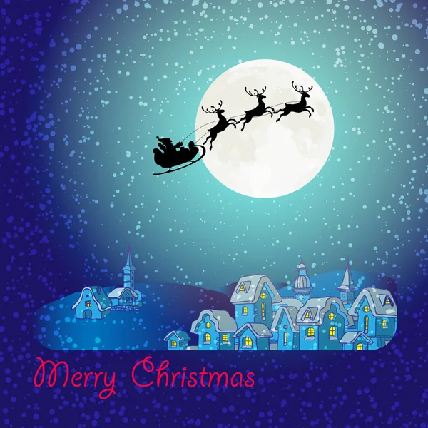 Weihnachtsmann und Hirsch schwarze Silhouetten, Schnee, großer Mond. — Stockvektor