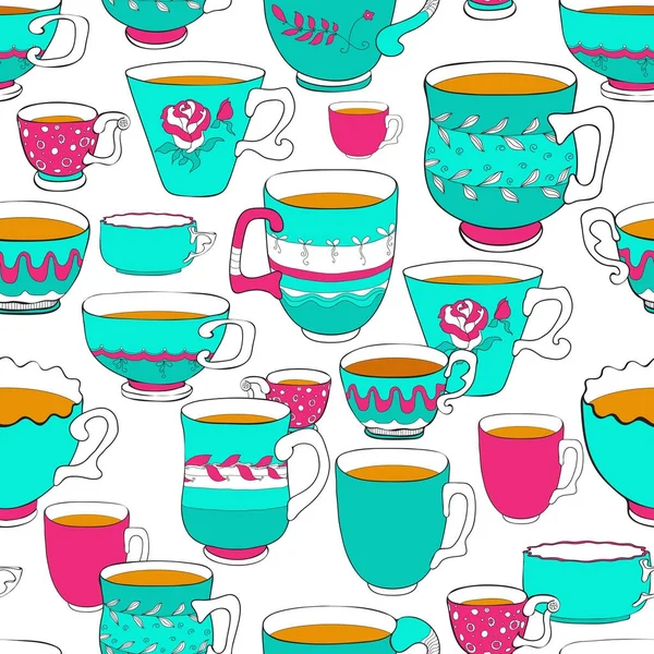 Patrón sin costura del garabato varios taza de colores brillantes . — Vector de stock