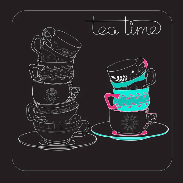 Tea Time card with  hand drawn cup isolated on black. — Stock Vector