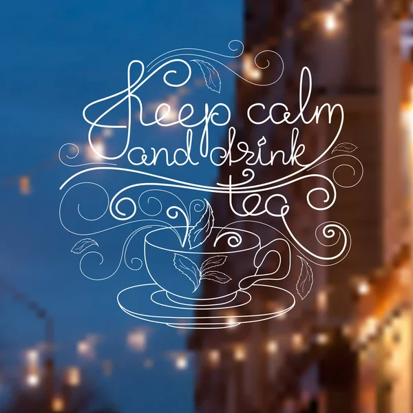 手書きの単語を保つ穏やかで、お茶を飲むカップ. — ストックベクタ