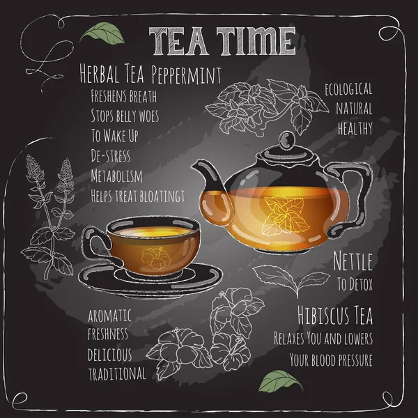 Herbal Tea Time card com xícara, bule, hortelã, hibisco . —  Vetores de Stock