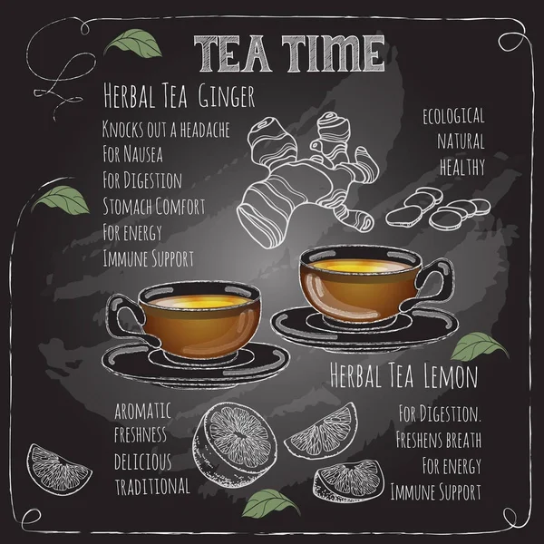 Herbal Tea Time card com xícara, bule de chá, Limão, gengibre . —  Vetores de Stock